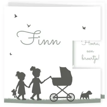Geboortekaart silhouet grote zussen kinderwagen stans
