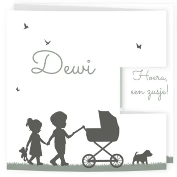 Geboortekaart silhouet grote broer en zus kinderwagen stans