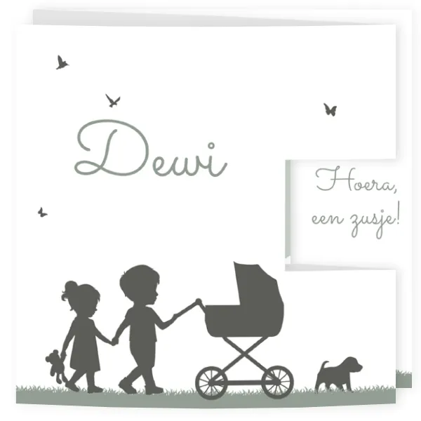 Geboortekaart silhouet grote broer en zus kinderwagen stans