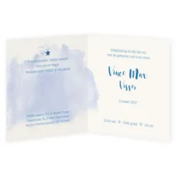 Geboortekaart aquarel blauw met foliedruk spetters