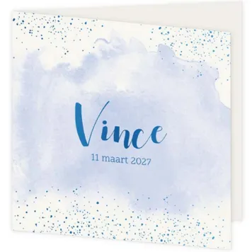 Geboortekaart aquarel blauw met foliedruk spetters