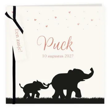 Geboortekaart olifanten silhouet zusje met label en foliedruk