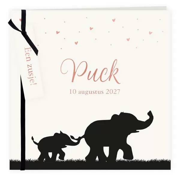 Geboortekaart olifanten silhouet zusje met label en foliedruk