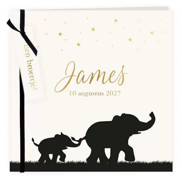 Geboortekaart olifanten silhouet broertje met label en foliedruk