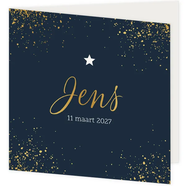 Geboortekaart donkerblauw met foliedruk spetters