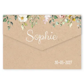 Geboortekaart mapje kraft bloemen