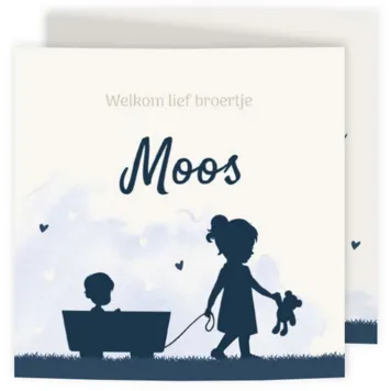 Geboortekaart blauw drieluik silhouet jongen met grote zus