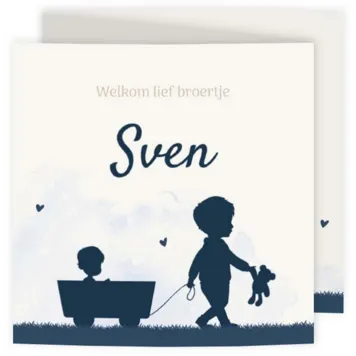 Geboortekaart blauw drieluik silhouet jongen met grote broer