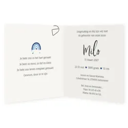 Regenboog geboortekaartje blauw labels