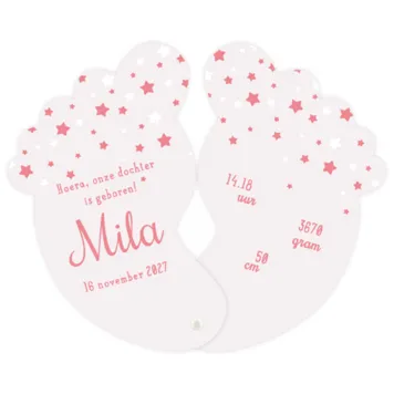 Voetjes geboortekaart sterren roze