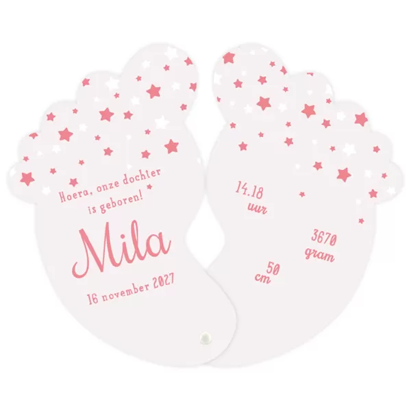 Voetjes geboortekaart sterren roze
