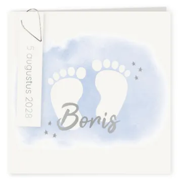 Geboortekaart jongen met voetjes op blauwe aquarel