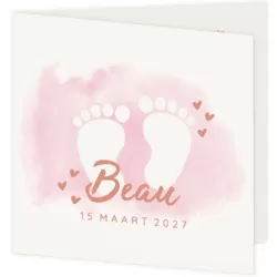 Geboortekaart meisje met voetjes op roze waterverf