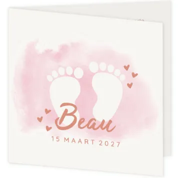 Geboortekaart meisje met voetjes op roze waterverf