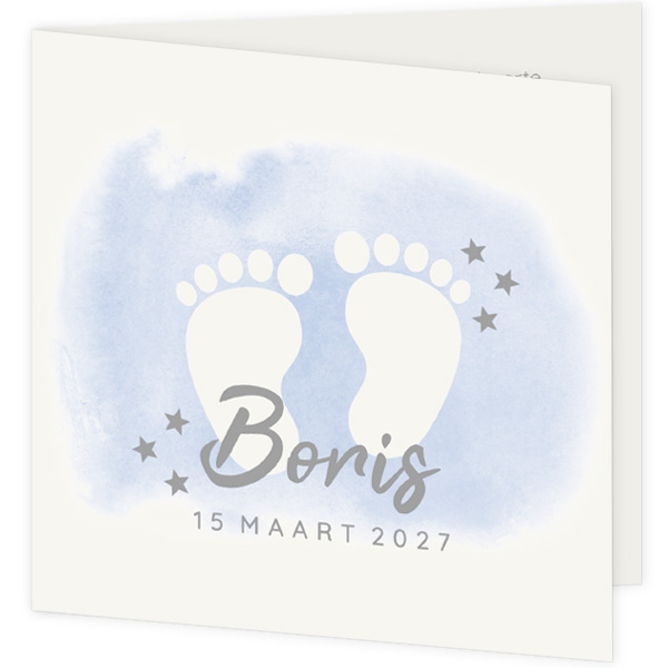 Geboortekaartje jongen met voetjes op blauwe waterverf