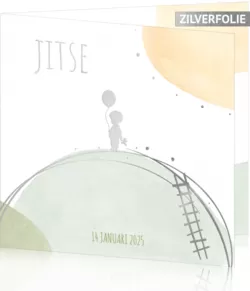 Geboortekaartje Jitse - Cirkel met silhouette jongetje met ballon