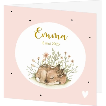 Lief roze geboortekaartje met getekend hertje