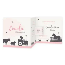 Geboortekaart drieluik boerderij meisje roze