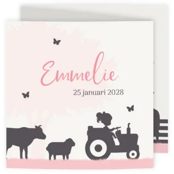 Geboortekaart drieluik boerderij meisje roze