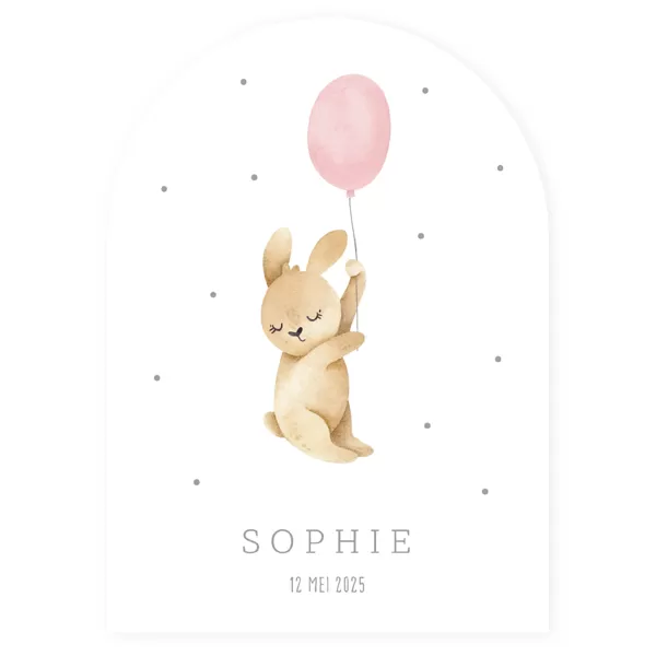 Lief geboortekaartje konijntje met roze ballon
