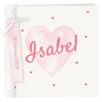 Geboortekaart meisje met smalle label en lichtroze hart