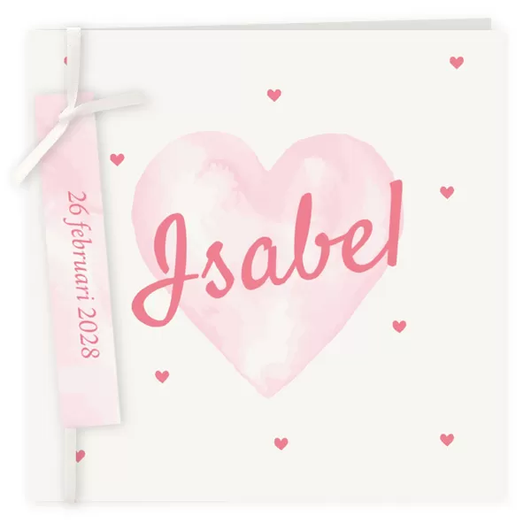 Geboortekaart meisje met smalle label en lichtroze hart