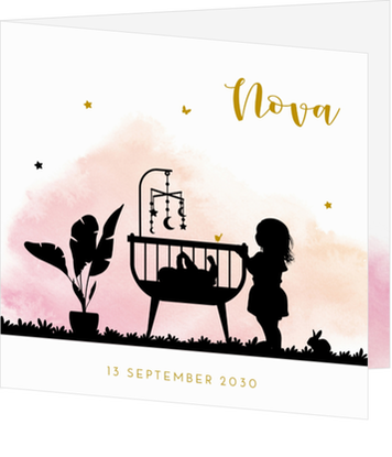 Lief roze geboortekaartje met silhouet van grote zus met wiegje