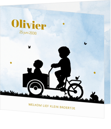 Lief blauw geboortekaartje met silhouet van grote broer op bakfiets
