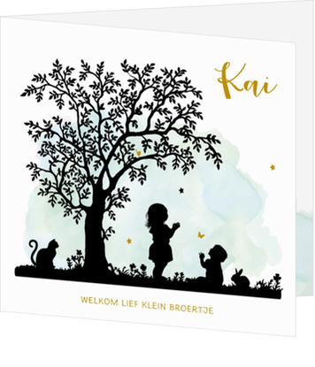Hip blauw watercolor geboortekaartje met silhouet van zus en boom