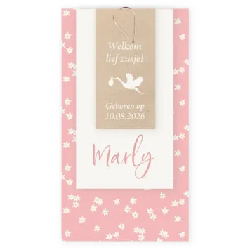 Geboortekaartje labels meisje roze met bloemetjes