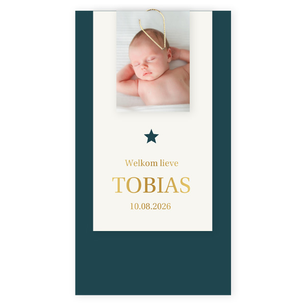 Geboortekaartje labels jongen met foliedruk en eigen foto