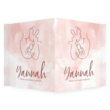 Raambord met lijntekening van ouders met baby in roze