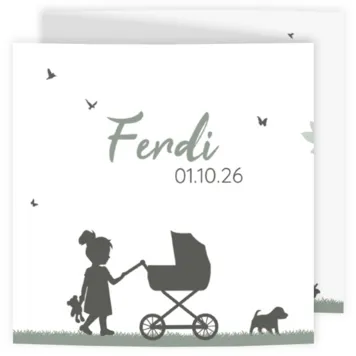 Geboortekaart silhouet grote zus kinderwagen