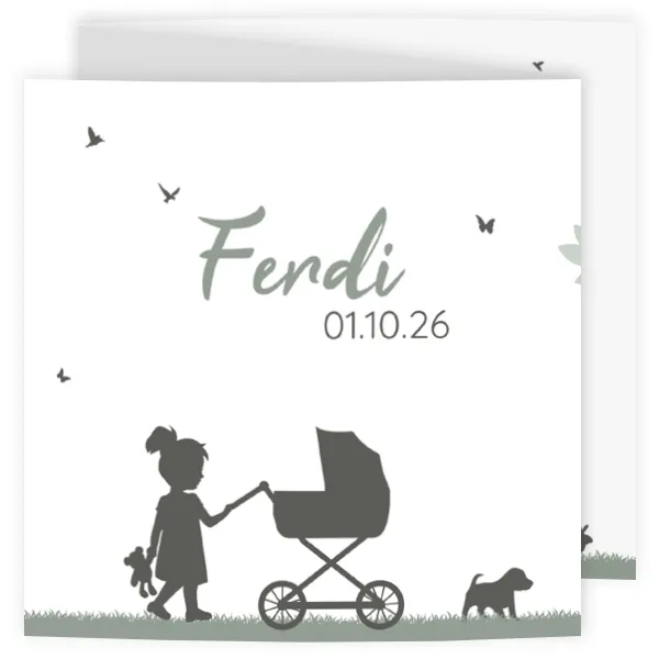 Geboortekaart silhouet grote zus kinderwagen