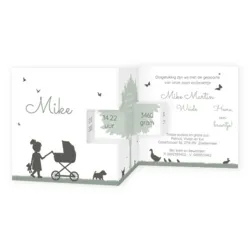 Geboortekaart silhouet grote zus kinderwagen stans