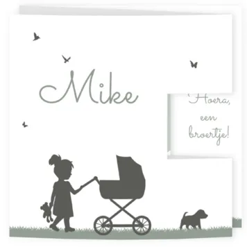Geboortekaart silhouet grote zus kinderwagen stans