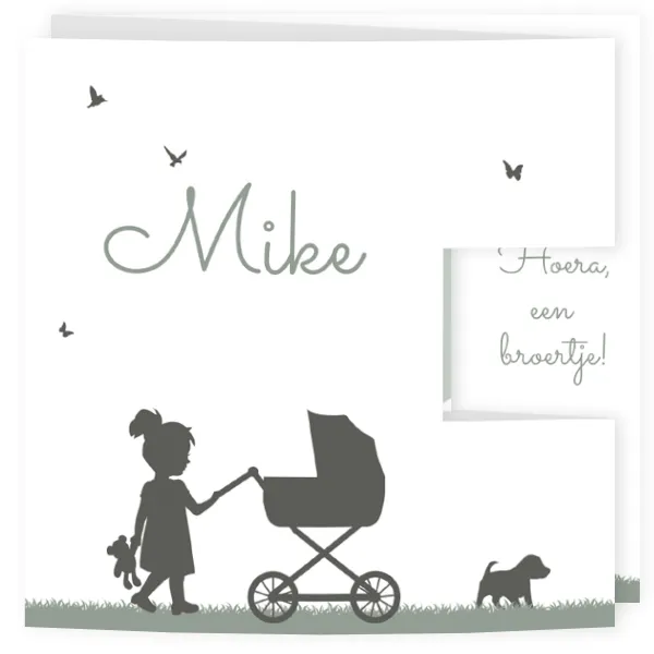 Geboortekaart silhouet grote zus kinderwagen stans