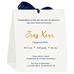 Geboortekaart sterrenregen blauw goud met strik