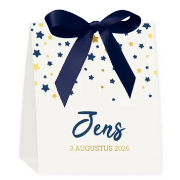 Geboortekaart sterrenregen blauw goud met strik