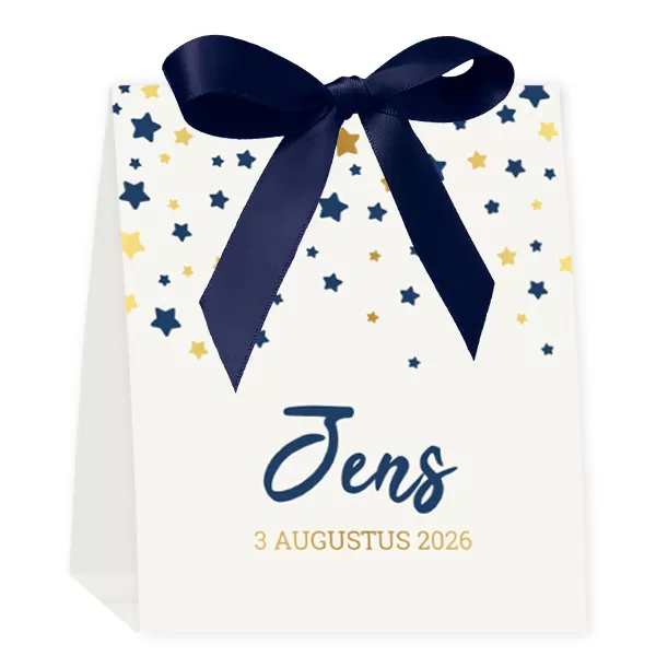 Geboortekaart sterrenregen blauw goud met strik
