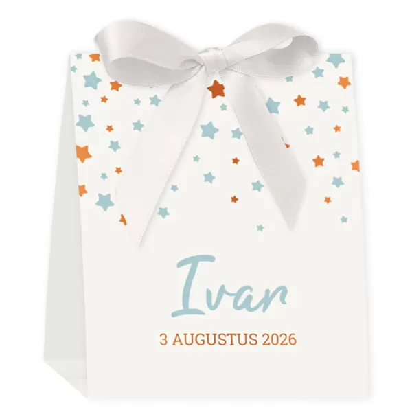 Geboortekaart sterrenregen blauw oranje met strik