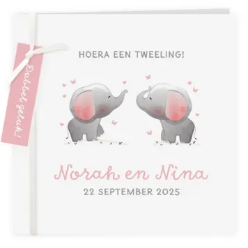 Geboortekaart smalle labels olifantjes tweeling meisjes