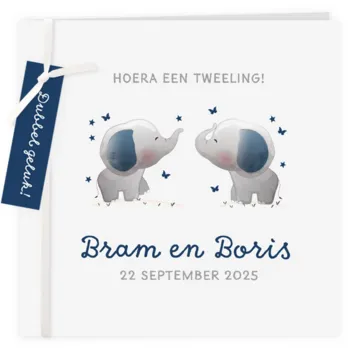 Geboortekaart smalle labels olifantjes tweeling jongens