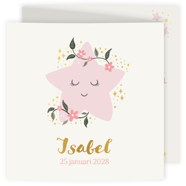 Geboortekaartje lieve roze ster met foliedruk