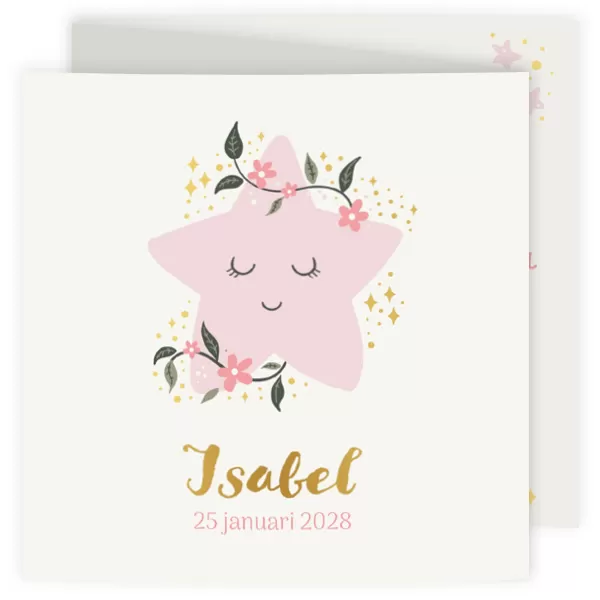Geboortekaart lieve roze ster met foliedruk