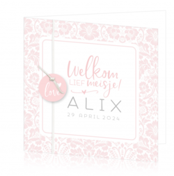 Geboortekaartje Alix - Roze patroon met label en suède koord