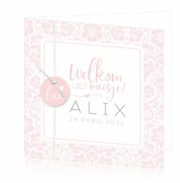 Geboortekaart Alix - Roze patroon met label en suède koord
