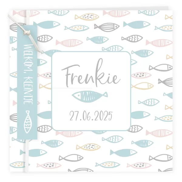 Geboortekaart Frenkie - Visjes patroon met labels