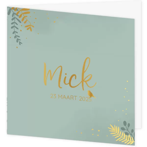 Geboortekaartje Mick - Romantisch kaartje met naam en takjes in goudfolie