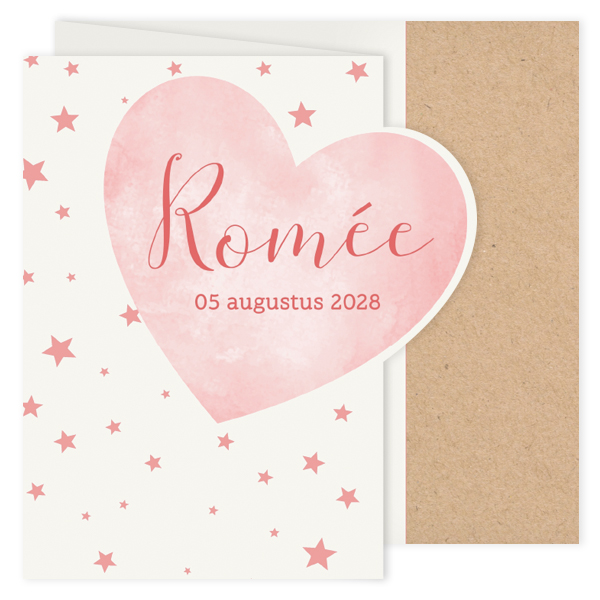 Geboortekaartje roze hartje met sterren